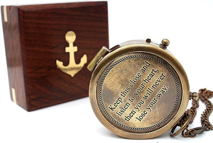 US HANDICRAFTS Listen to Your Heart Engraved Brass Compass | Portable Sentimental Son Birthday, Graduation, Confirmation Gift | Pocket Compass with Wooden Case with Case