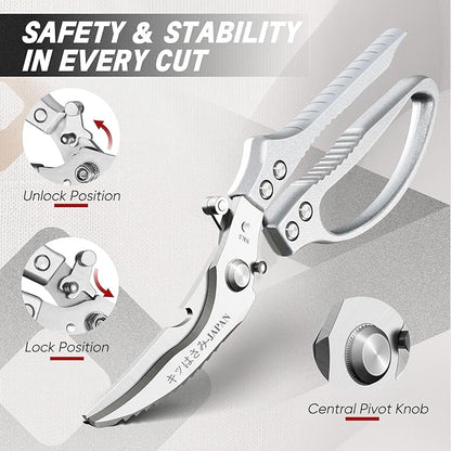 TIVOLI Kitchen Scissors Set Silver,Japanese Stainless Steel Kitchen Shears for Food, Heavy Duty Poultry Shears,Meat Scissors for Chicken Bones,Korean BBQ and Turkey,Ideal Gift