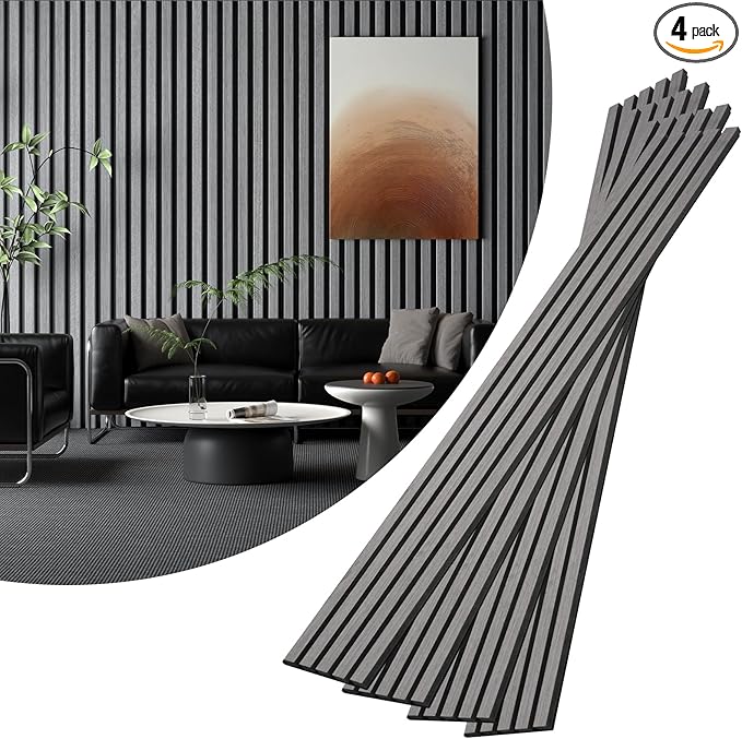 VallisCo 4-Piece Wood Slat Acoustic Panels for Stylish Interior Decor & Noise Reduction - 94.5" x 7.87" 3D Solid Wood Wall Panels for Ceiling and Wall, Covers 20.66 Sq Ft, Grey Oak