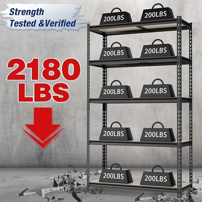 WORKPRO 5-Tier Storage Shelf, 72" H Heavy Duty Adjustable Garage Shelving Unit 2180LBS Capacity, for Basement, Kitchen, Pantry, 35.4”Wx15.7”Dx72”H, Black
