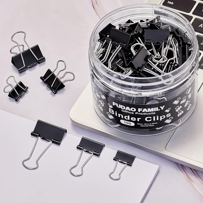 100pcs Binder Clips Assorted Sizes, Black Paper Clamps, Medium, Small, Mini 3 Sizes with Box for Office, School and Home (Pack of 2)
