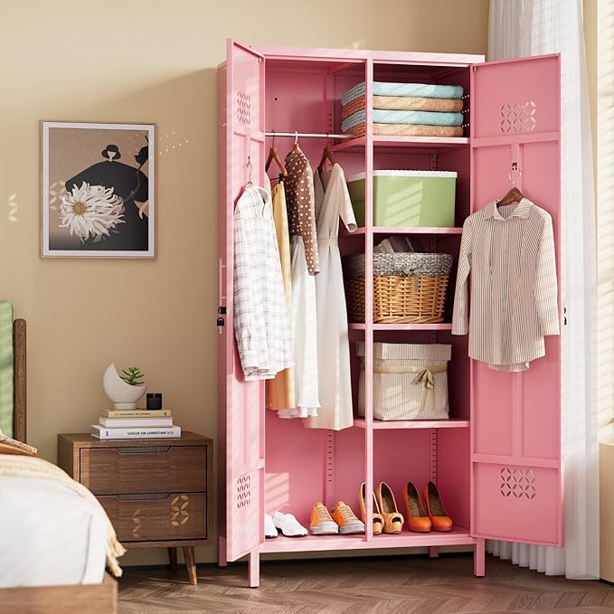 SUPEER 2 Doors Metal Storage Locker with Adjustable Shelves and 2 Hanging Rods, Metal Wardrobe Cabinet with Lock,Wardrobe Lockers for Home,Office,Assembly Required,Pink