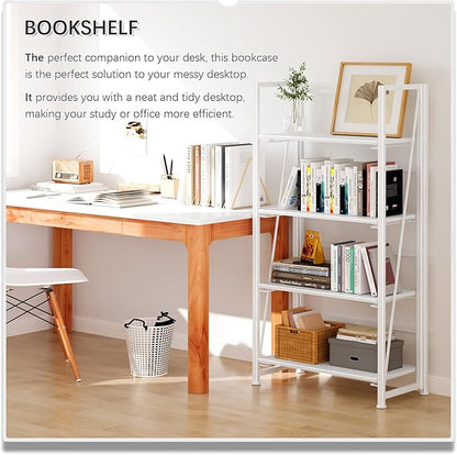 4NM No Assembly Folding Bookshelf Storage Shelves 4 Tiers Vintage Bookcase Standing Racks Study Organizer Home Office (All White)