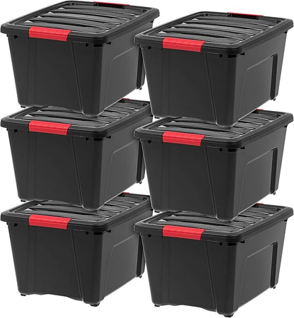 IRIS USA 32 Qt Stackable Plastic Storage Bins with Lids, 6 Pack - BPA-Free, Made in USA - Garage Organizing Solution, Latches, Durable Nestable Containers, Secure Pull Handle - Black