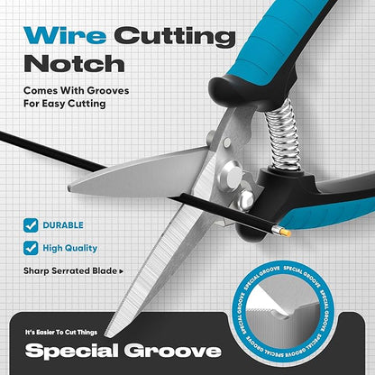 GARTOL 8" Scissors All Purpose Heavy Duty - Razor-sharp Tin Snips for Sheet Metal, Electrical Wires, Insulation, Ropes, Cardboard | Electrician Tools with Cable Notch, Ergonomic Grip | DIY Scissors
