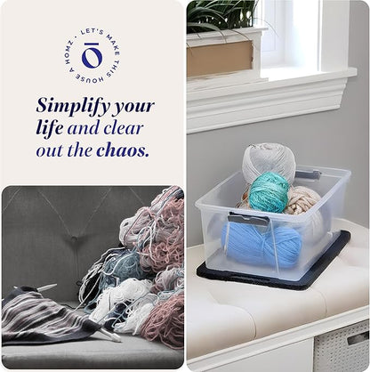 HOMZ 4-Pack Secure Latch, Clear Plastic Storage Organizer Bins, 15 Quart, Gray Lid - Stackable Container Boxes for Bedroom, Bathroom, Garage, and Office Organization