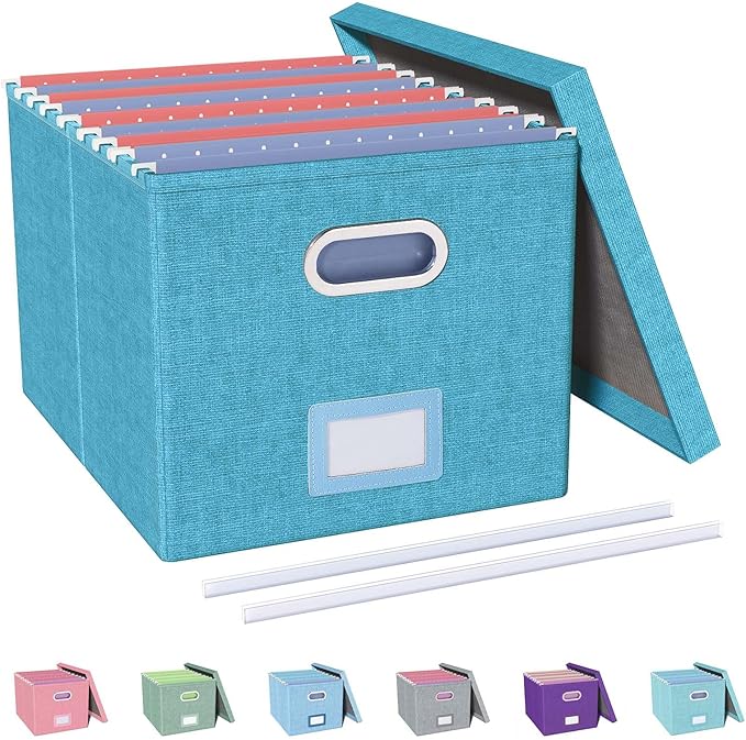 Oterri File Organizer with Lid, File Box, File Cabinet for Letter File Folder Storage, Hanging File Organizer for Office/Decor/Home,Document Organizer, 1 Pack,Calamine Blue+Cobalt Green-Box Only