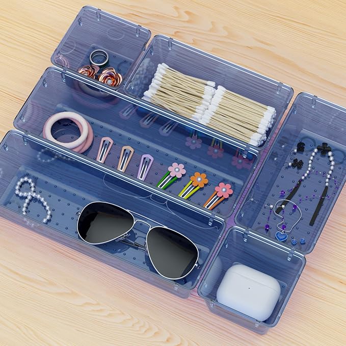 WOWBOX 6 Pack Clear Drawer Organizer Set, Acrylic Drawer Storage Trays, Storage Bins for Makeup, Cosmetics, Jewelries, Utensils, Gadgets, Office, Dark Blue