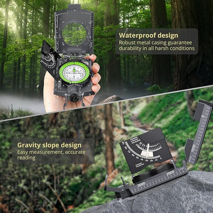 Anbte Compass Hiking Survival, IP65 Waterproof Metal Compass with Sighting Clinometer and Carry Bag, Multifunctional, Professional, for Camping Hunting Hiking Navigation