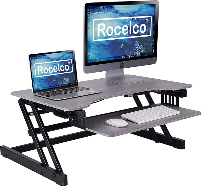 Rocelco 32" Height Adjustable Standing Desk Converter - Quick Sit Stand Up Dual Monitor Riser - Gas Spring Assist Tabletop Computer Workstation - Large Retractable Keyboard Tray - Grey (R ADRG)