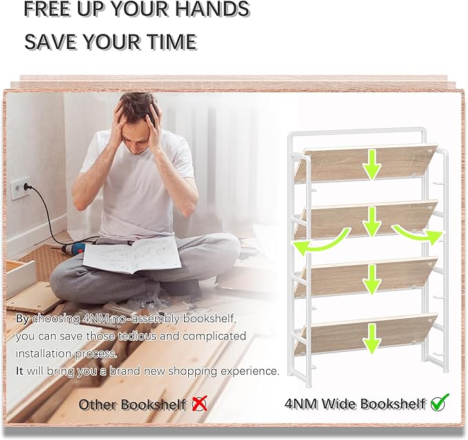 4NM No Assembly Extra Wide 4 Tiers Folding Bookshelf Storage Shelves Vintage Bookcase Standing Racks Study Organizer Home Office (Natural White)