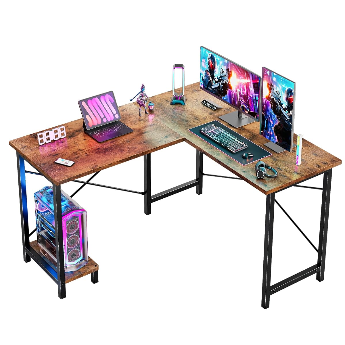 50-Inch Reversible L Shaped Desk with CPU Shelf, Brown