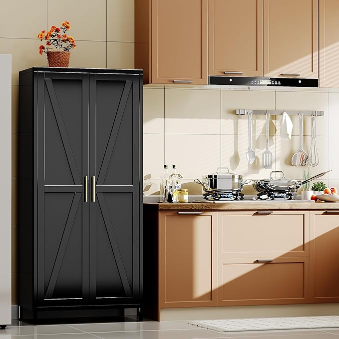SUPEER Metal Wardrobe Cabinet with Hanging Rod,Metal Wardrobe Closet with Doors and Adjustable Shelves, Armoire Closet Locker for Home,Office,H70.9 X W31.5 X D17.7,Installation Required,Black