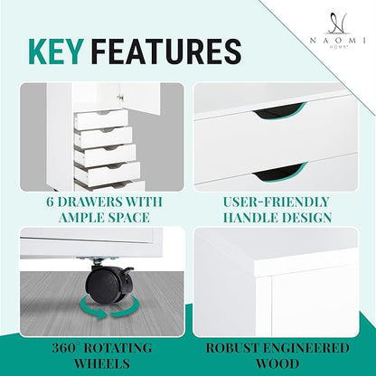 Naomi Home Carly 6-Drawer Craft & Office Storage Cabinet – Rolling Storage Drawers with Lockable Casters, Compact for Craft Rooms, Offices, Under Desk, 18.8" D x 15.7" W x 41.3" H