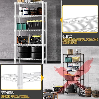M MZG 1250 lbs 5 Tier Shelf Metal Storage Shelves Wire Rack Closet Organizers for Garage Kitchen Bathroom Laundry White 11.8" D x 29.5" W x 59.5" H