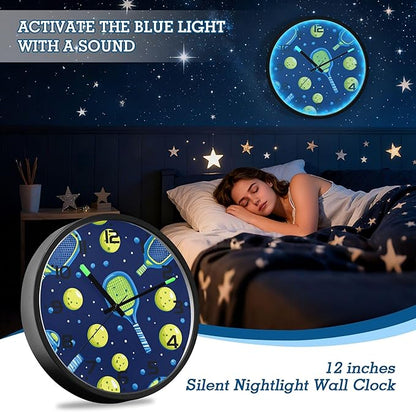 Vozoza Pickleball Game Sports 12 Inch Analog Wall Clocks Battery-Operated with Led Lights for Living Room Bedroom Kitchen Office Decor, Battery Not Included