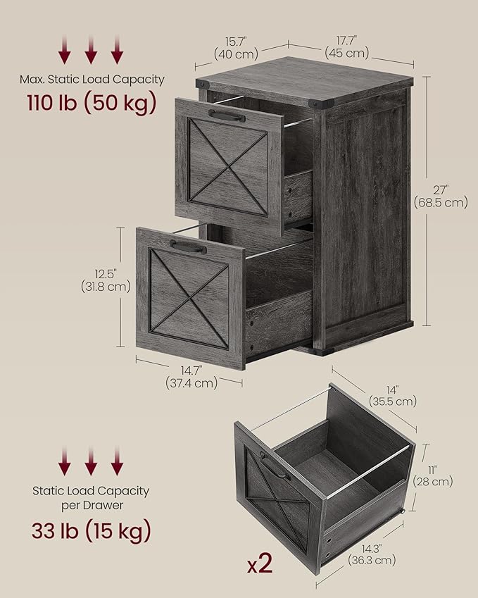 VASAGLE File Cabinet, Filing Cabinet with 2 File Drawers, Printer Stand, Fit A4, Letter Size, Hanging File Folders, Modern Farmhouse Style, for Home Office, Misty Gray UOFC048G01