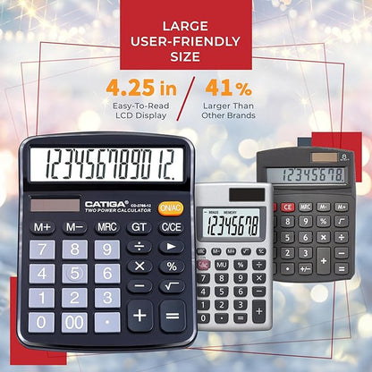 CATIGA Desktop Calculator (2 Pack) 12 Digit with Large LCD Display and Sensitive Button, Solar and Battery Dual Power, Standard Function for Office, Home, School, CD-2786 (2 Black)