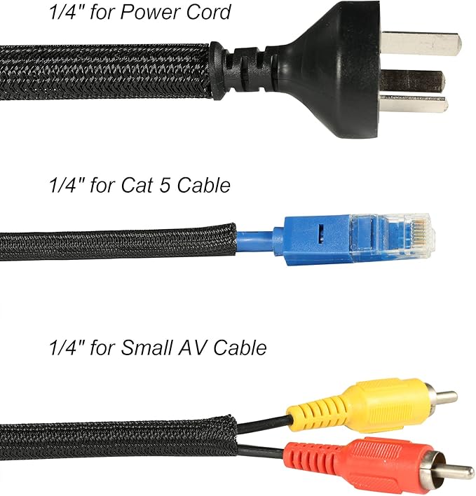 CrocSee 25ft - 1/4 inch Braided Cable Management Sleeve Cord Protector - Self-Wrapping Split Wire Loom for TV/Computer/Home Theater/Engine Bay - Black