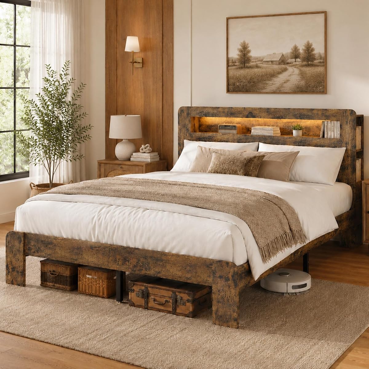 Farmhouse Queen Bed Frame, Storage Headboard with LED Charging, Brown
