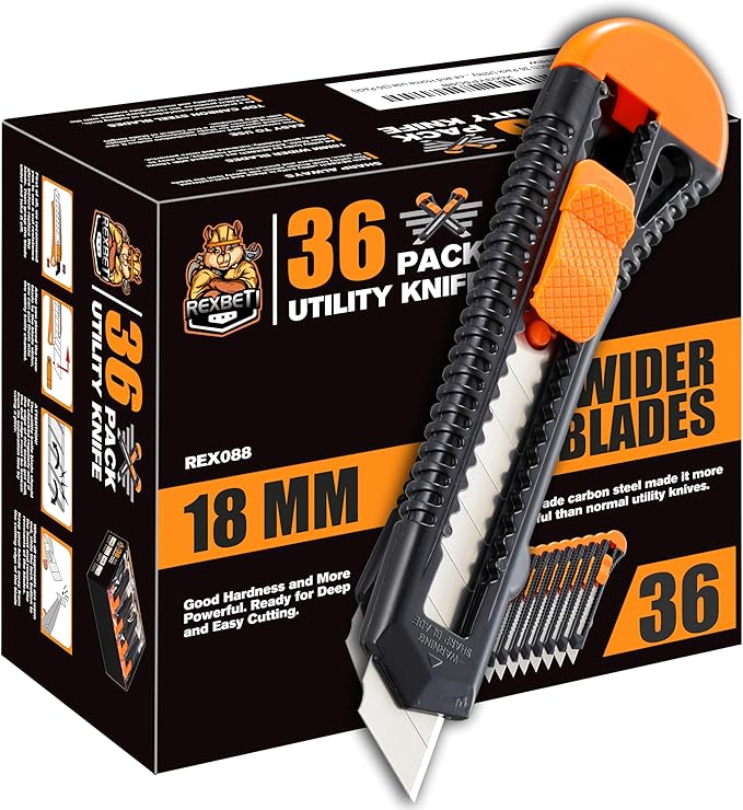 REXBETI 36 Pack Utility Knife, Retractable Box Cutter for Cartons, Cardboard and Boxes, 18mm Wider Razor Sharp Blade, Smooth Mechanism, Perfect for Office and Home use (36 Pack)