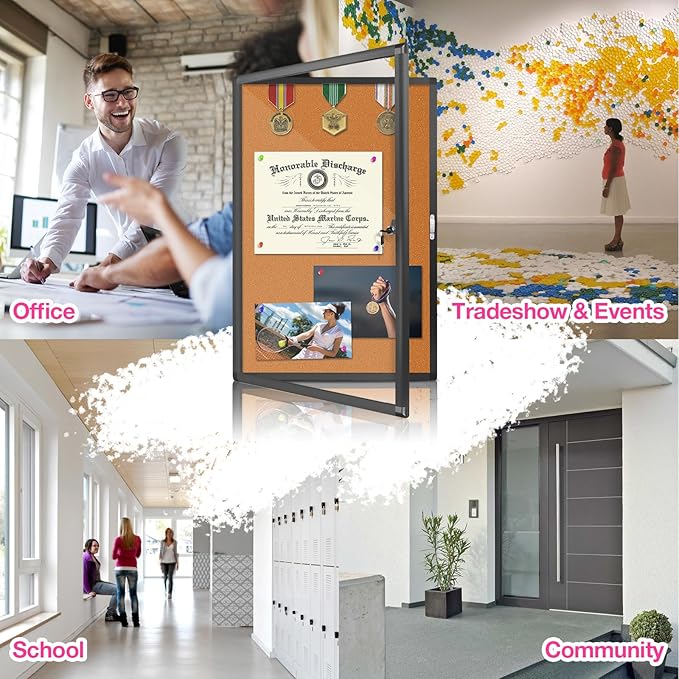 Enclosed Bulletin Board, Cork Noticeboard Board with Clear Acrylic Locking Door, Wall-Mounted Display Case for Indoor, Message Board 36x24in (5xA4)
