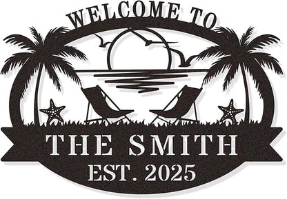 Personalized Metal Beach Sign | Custom Coastal Wall Decor for Outdoor Patio & Pool | Welcome Sign Beach House Ocean Room Decor