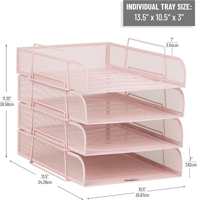 Mind Reader Stackable Paper Tray, Desktop Organizer, File Storage, Office, Metal Mesh, 10.5" L x 13.5" W x 11.25" H, 4 Pcs., Pink