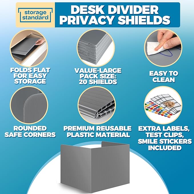 20-Pack Desk Dividers for Students - Durable & Waterproof Plastic Privacy Shield Divider, Classroom Folders Teacher Supplies, Easy-to-Clean Plastic Study Carrel Folder Boards for Student Desks, Grey