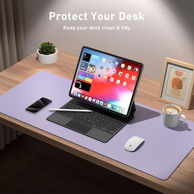 Aothia Leather Desk Pad Protector, Mouse Pad, Office Desk Mat, Non-Slip PU Leather Desk Blotter, Laptop Desk Pad, Waterproof Desk Writing Pad for Office and Home (31.5" x 15.7", Lavender)