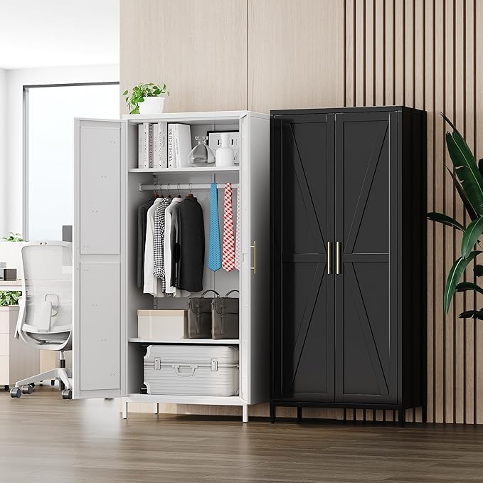 SUPEER Metal Wardrobe Cabinet with Hanging Rod,Metal Wardrobe Closet with Doors and Adjustable Shelves, Armoire Closet Locker for Home,Office,H70.9 X W31.5 X D17.7,Installation Required,Black