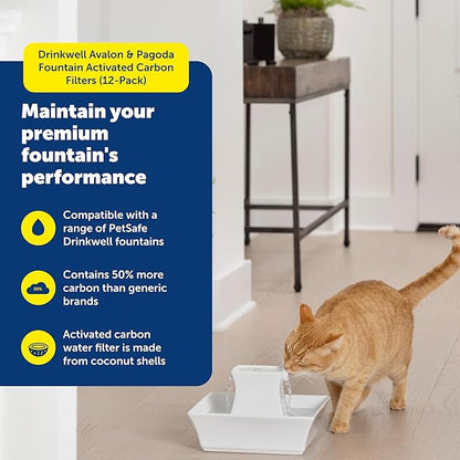 PetSafe Drinkwell Avalon & Pagoda Fountain Activated Carbon Filters - Better Hydration Choice - Long-Lasting Purity - Odor-Free Drinking - Universal Filter Replacement - 12 Pack