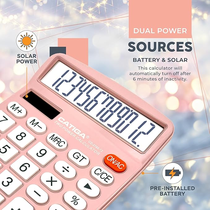 CATIGA Desktop Calculator (2 Pack) 12 Digit with Large LCD Display and Sensitive Button, Solar and Battery Dual Power, Standard Function for Office, Home, School, CD-2786 (Light Blue/Light Pink)