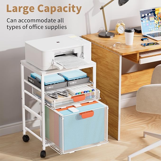 Marbrasse Rolling File Cart with Handle, Mobile File Cabinet on Lockable Wheels, Office Filing Cabinet Organizer, Printer Stand with Hanging File Folder Organizer for Home Office - White