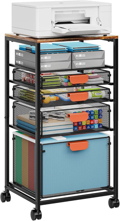 Marbrasse Rolling File Cart with 4 Storage Drawers, Mobile File Cabinet on Lockable Wheels, Hanging Filing Cabinet Organize, Under Desk Utility Cart for Home Office - Dark Brown
