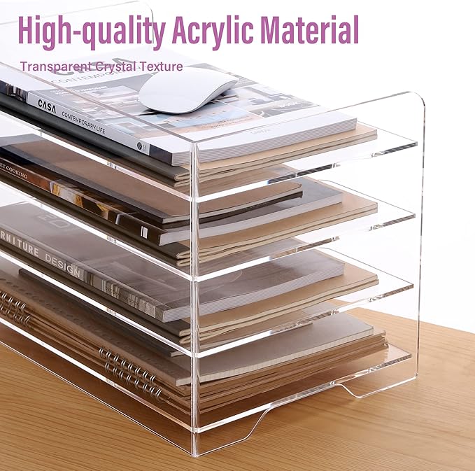 SANRUI Acrylic Paper Organizer Letter Tray for Desk, 4 Tier Enlarged File Sorter,Clear File Holder Desktop Shelf Document Storage for School Office Home