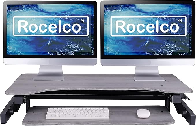 Rocelco 37.5" Deluxe Height Adjustable Standing Desk Converter - Quick Sit Stand Up Dual Monitor Riser - Gas Spring Assist Computer Workstation - Large Retractable Keyboard Tray - Gray (R DADRG)