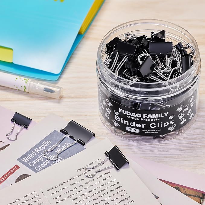 100pcs Binder Clips Assorted Sizes, Black Paper Clamps, Medium, Small, Mini 3 Sizes with Box for Office, School and Home (Pack of 2)