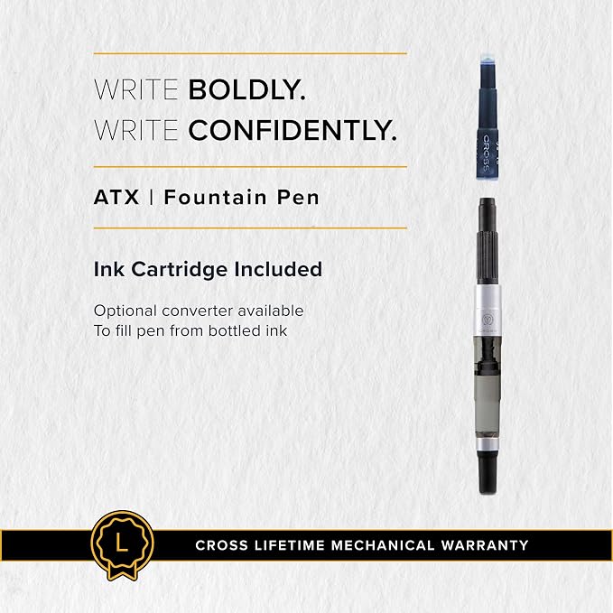 Cross ATX Pure Chrome Stainless Steel Fine Nib Fountain Pen - Refillable Pen for Smooth Writing - Black Ink - Comfortable Grip - Long-Lasting - Professional Office Supplies