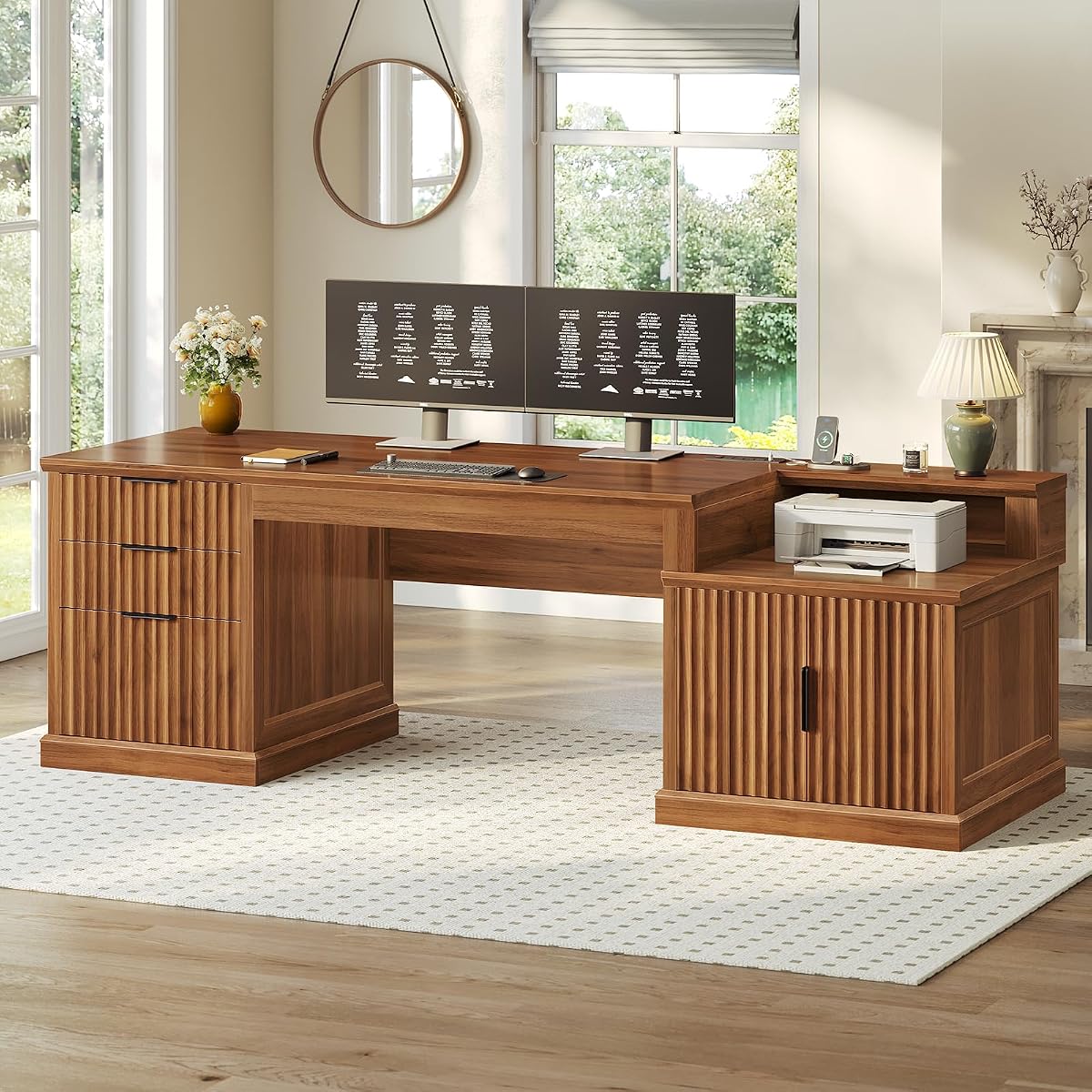 70.9" Executive Desk, Fluted Office Desk with Drawers, Brown