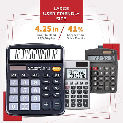 CATIGA Desktop Calculator (2 Pack) 12 Digit with Large LCD Display and Sensitive Button, Solar and Battery Dual Power, Standard Function for Office, Home, School, CD-2786 (2 Black)