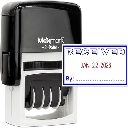 MaxMark Office Self Inking Date Stamp with Phrase Received - 2 Color Blue/Red Ink
