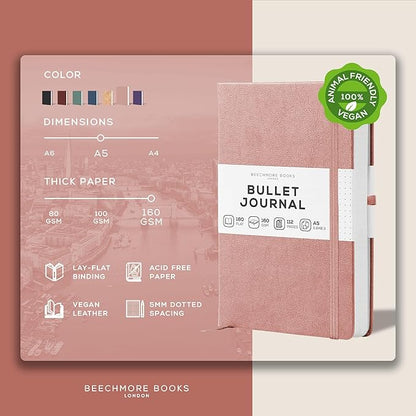 BEECHMORE BOOKS A5 Dotted Journal – 160gsm Thick Paper No-Bleed Bullet Notebook – Hardcover Dot Grid Logbook with Presentation Gift Box – Vegan Leather Sketchbook for Artists & Professionals