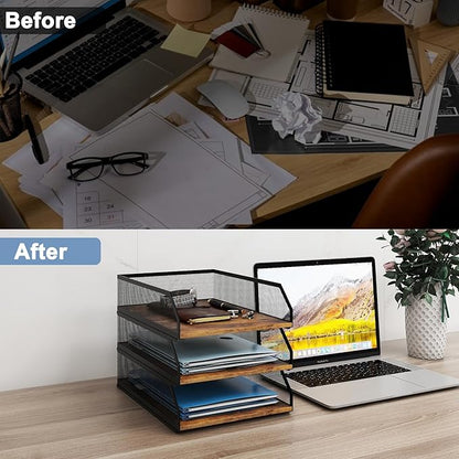 Natwind 3-Tier Stackable Paper Tray, Metal Mesh Desktop Organizer, Wood Board Paper Sorter, Letter Trays,File Document Storage Rack for for Home, Office, School (Retro)
