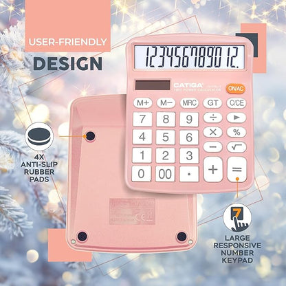 CATIGA 12 Digits Desktop Calculator with Large LCD Display and Sensitive Button, Dual Solar Power and Battery, Standard Function for Office, Home, School, CD-2786(Light Pink)