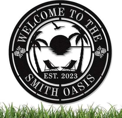 Personalised Tropical Patio Metal Sign, Custom Oasis Metal Sign, Custom Backyard Pool Sign, Custom Beach House Decor, Custom Family Welcome Sign, Custom Palm Tree Outdoor Decor