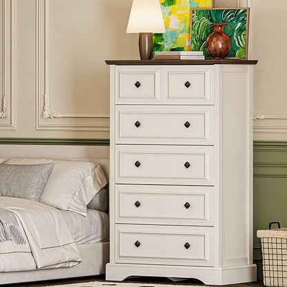 VVFLU Farmhouse 6 Drawer Dresser, 48" Tall White Dresser with Natural Texture & Metal Handles, Storage Drawer Chest for Bedroom, Living Room, Hallway, Vintage Design (Antique White)