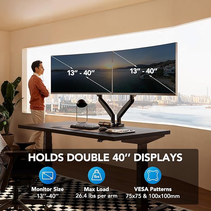 HUANUO NITROGLIDE™ Dual Monitor Stand for 13″–40″, Premium Dual Monitor Mount with USB, Height Adjustable Monitor Stand for 2 Monitors, VESA Mount with Clamp/Grommet Base, Holds 26.4lbs per Arm, HNDS7