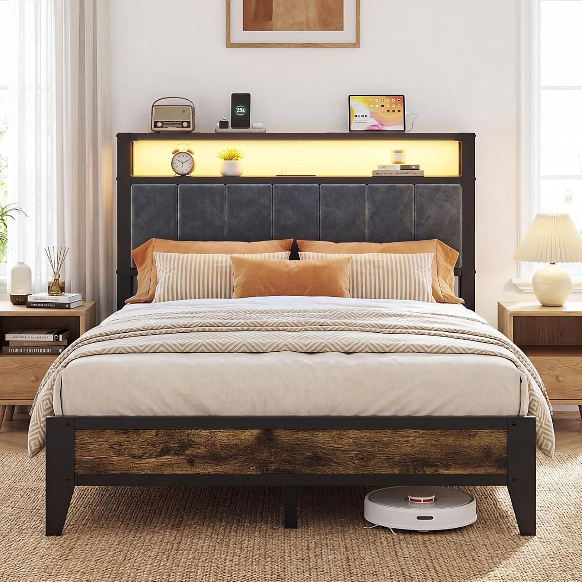 Full Size Bed Frame with Headboard, LED Light & Charging Station