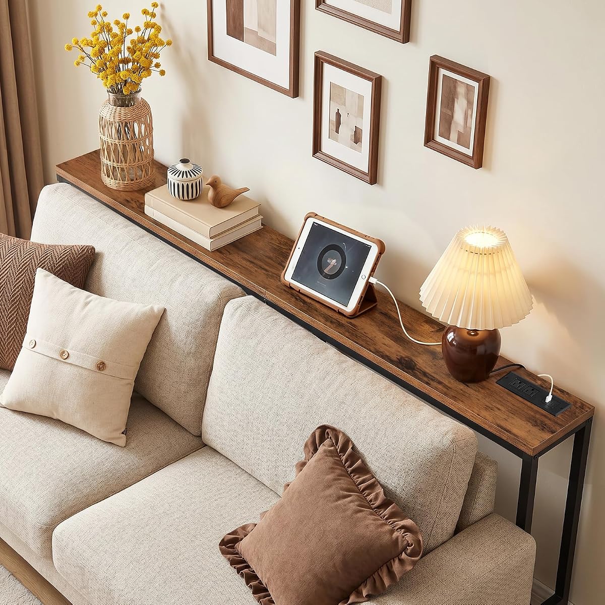 70.9" Console Table with Power Outlet, Narrow Sofa Table, Brown